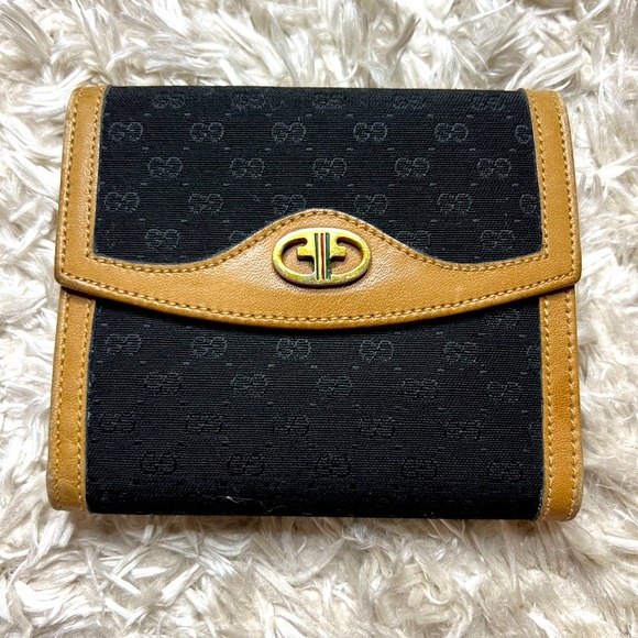 GUCCI Vintage Micro GG Logo Canvas Leather Bifold Wallet Black Sherry Line - Picture 1 of 13